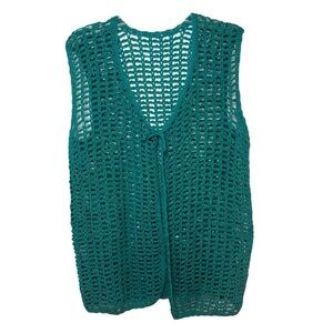 Vintage Handmade Crochet Mesh Vest Size M/L Tie Front Open Knit Festival Layer